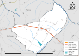 Carte en couleur présentant le réseau hydrographique de la commune