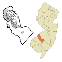 Map of Glendora CDP in Camden County. Inset: Location of Camden County within New Jersey.