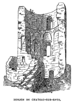 Dessin du donjon de Chateauneuf-sur-Epte, vu du sud. On distingue le reste du donjon et la chemise de défense.