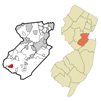 Location of Princeton Meadows in Middlesex County highlighted in red (left). Inset map: Location of Middlesex County in New Jersey highlighted in orange (right).