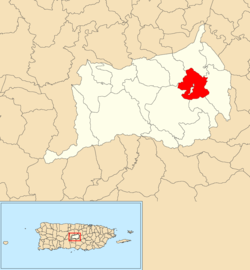 Location of Orocovis within the municipality of Orocovis shown in red