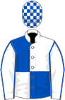 White and royal blue (quartered), white sleeves, royal blue seams, check cap