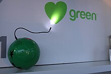 A SOCCKET ball, which looks like a green Soccer/Football ball, being used to power a light.