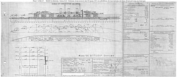 Practically very similar to design IV-1, the IV-2 simply placed the 18-inch guns into a uniform triple-turret configuration and moved the midships turrets further back