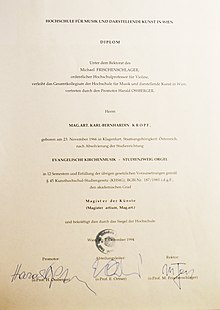 Magister-Urkunde Karl-B. Kropf, Evangelische Kirchenmusik, Zweig Orgel, Wien 1992