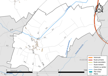 Carte en couleur présentant le réseau hydrographique de la commune