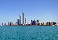 Skyline of Abu Dhabi City as seen from the Marina on the coast of the Gulf