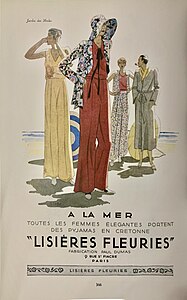 Advertisement for pyjamas in Lisières Fleuries fabric, from Le Jardin des Modes (1930)