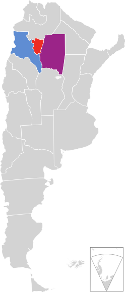 Argentina showing the three provinces that formed the republic: Santiago del Estero (east), Tucumán (center) and Catamarca (west)