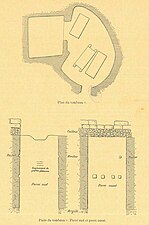 A group of three sketches showing a burial chamber with three rectangles representing sarcophagi, and two burial shafts