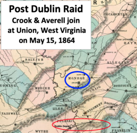 showing portions of Virginia and West Virginia with Union circled in blue and the Dublin Depot circled in red