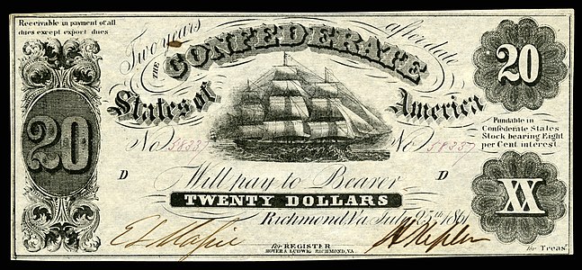 Twenty Confederate States dollar (T9), by Hoyer & Ludwig