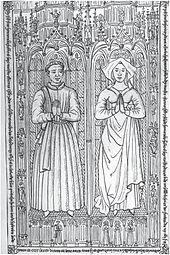 Deux personnages en position de gisant, les mains jointes, dans un décor d'architecture gothique. Quatre petits personnages en bas à droite