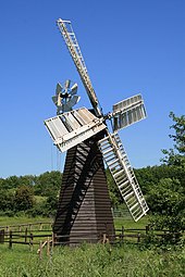 A photograph of the Eastbridge Windpump after being re-erected at the Museum of East Anglian Life, Stowmarket