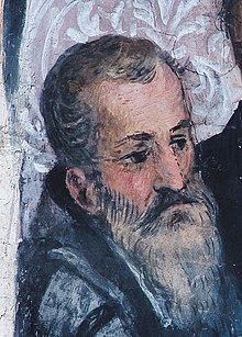 A portrait of Hugh O'Neill, part of a fresco, showing the head of a bearded man