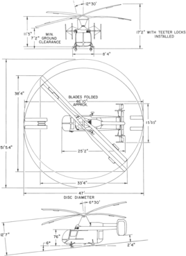 3-view line drawing of the Kaman HH-43B/F Huskie