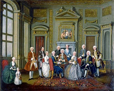 The Tylney Family in the Saloon at Wanstead by Old Nollekens, 1740. The Earl is seated at right, attended by his son John, right; his wife sits at the table opposite 3rd son Lt. Josiah RN, whilst a daughter in blue stands behind. To the left is the infant James Long, with father Sir Robert Long looking on. (Coll. Fairfax House, York, CT198.327)