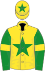 Yellow, green star, green sleeves, yellow armlets, yellow cap, green star