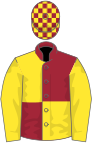 Maroon and yellow (quartered), yellow sleeves, check cap