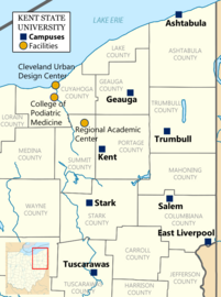 Map of Kent State University campuses in Northeast Ohio