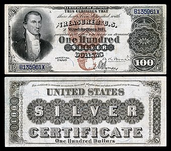 One-hundred-dollar silver certificate from the series of 1880, by the Bureau of Engraving and Printing
