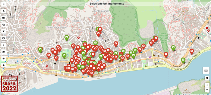 Mapa do centro da grande Vitória-ES na interface do mapa do Wiki Loves Monuments Brasil 2022