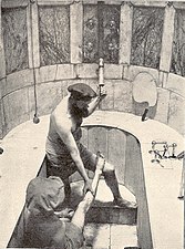 Douche d'eau thermale dans le bain princier de l'hôtel Kaiserbad. Un valet de bain masse les articulations malades pendant le traitement à l'eau thermale. Avant 1900