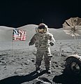 Image 13American astronaut Eugene Cernan (born March 14, 1934), shown here on the surface of the Moon during the Apollo 17 mission, the last time any human has set foot on it. In that final lunar landing mission, launched December 7, 1972, Cernan became "the last man on the moon" since he was the last to re-enter the Apollo Lunar Module during its third and final extra-vehicular activity. Prior to this, Cernan had also gone into space twice on the Gemini 9A and Apollo 10 missions.