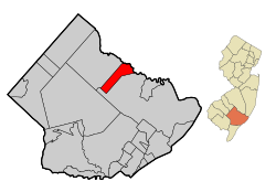 Location of Egg Harbor City in Atlantic County highlighted in red (left). Inset map: Location of Atlantic County in New Jersey highlighted in orange (right).