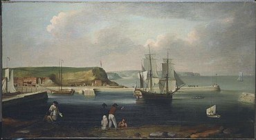 A three-masted sailing ship leaves a busy seaport while five men watch from the shore. The seaport is flanked by green hills beneath a cloudy sky.