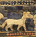 Detail of two men leading an equid on the peace panels of the Standard of Ur.