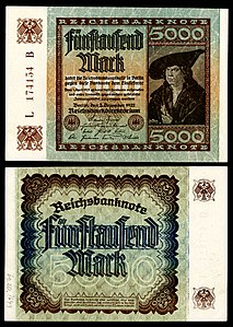 Five-thousand Mark at German Papiermark, by the Reichsbankdirektorium Berlin