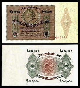 Five-million Mark at German Papiermark, by the Reichsbankdirektorium Berlin
