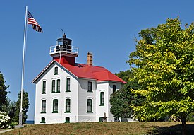 Grand Traverse Light, within Leelanau State Park, on the shore of Lake Michigan.