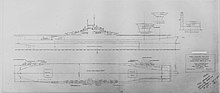 A black and white blueprint of a ship with a flat deck designed to launch and recover airplanes. Medium sized guns line the bridge area, while notes and a ruler outline points of interest and the estimated length of the designed ship.