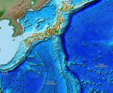 Seabed relief map, showing surface and underwater terrain and islands such as Minami-Tori-Shima, Benten-jima, Okinotorishima, and Yonaguni