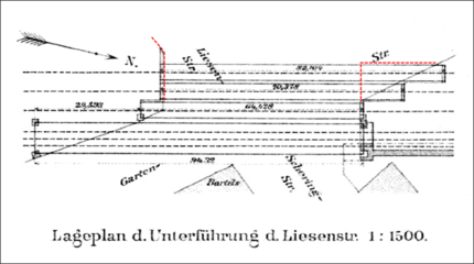 Lageplan von 1903,[23] in Rot sind die Veränderungen der Widerlager für die Balkenbrücken aus den 1950er Jahren angedeutet (nicht maßstäblich)