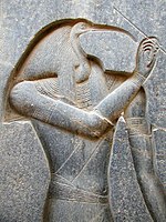 Sunk relief as low relief within a sunk outline, from the Luxor Temple in Egypt, carved in very hard granite