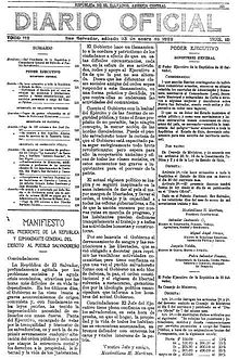 A scan of one page of the Diario Oficial government newspaper from January 1932 showing a manifesto written by Maximiliano Hernández Martínez regarding a communist rebellion