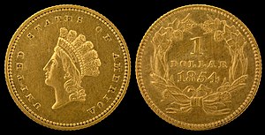 Obverse and reverse of a 1854 Type 2 Indian-head gold dollar