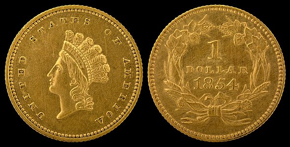 Indian Head gold dollar from 1854, by James B. Longacre and the United States Mint (edited by Godot13)