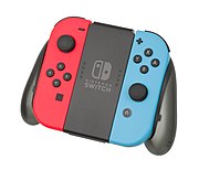 Red and blue Joy-Con slotted onto the charging grip, giving the general proportions of a standard controller