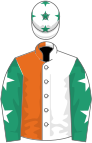 White and orange halved, emerald green sleeves, white stars, white cap, emerald green stars