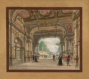 Set design for Act I of Les Huguenots, by Philippe Chaperon (restored by Adam Cuerden)