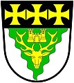 Lydney Rural District Council (abolished 1974): Argent, on a pile wavy throughout vert, a stag's head caboshed, between the attires a port between two towers, or; on a chief sable three crosses formy or.