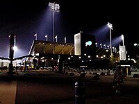 Night view of the stadium exterior after recent renovations.