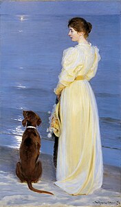 Summer Evening at Skagen. The Artist's Wife and Dog by the Shore, by Peder Severin Krøyer