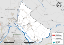 Carte en couleur présentant le réseau hydrographique de la commune