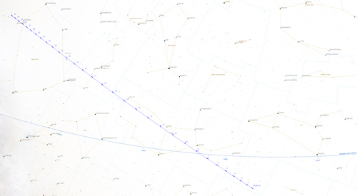 The position of comet C/2023 A3 in October 2024. The comet is located in the southernmost tip of the constellation Leo about ten degrees south of the ecliptic and moves in the first half of the month with decreasing apparent brightness across the constellation Virgo. It then moves into the western head of the constellation Serpens Caput, and then moves across the constellation Ophiuchus. By the end of the month, the comet reaches a northern ecliptic latitude of just over 27 degrees of arc. Therefore, in the second half of October the comet should be well visible on the western horizon after sunset.