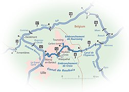 Carte du canal de Roubaix et de ses liaisons.